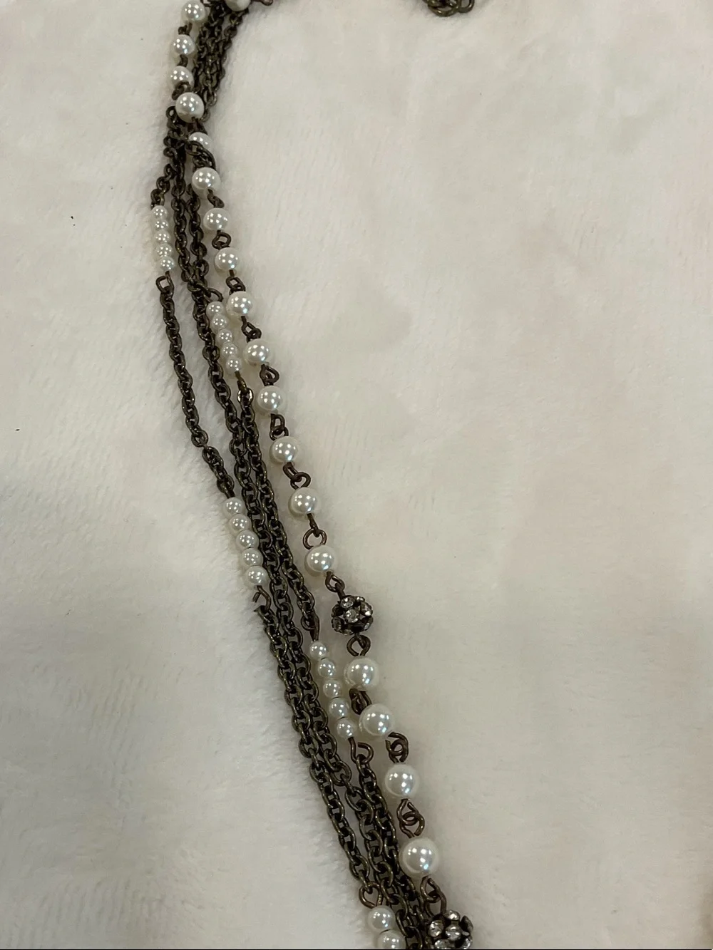 Chico's Cream Pearl Tassel Necklace with Antique Gold Chains